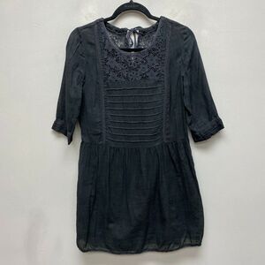J Crew Womens Black 3/4 Sleeve Lace Trim Pleated Shift Babydoll Mini Dress 2
